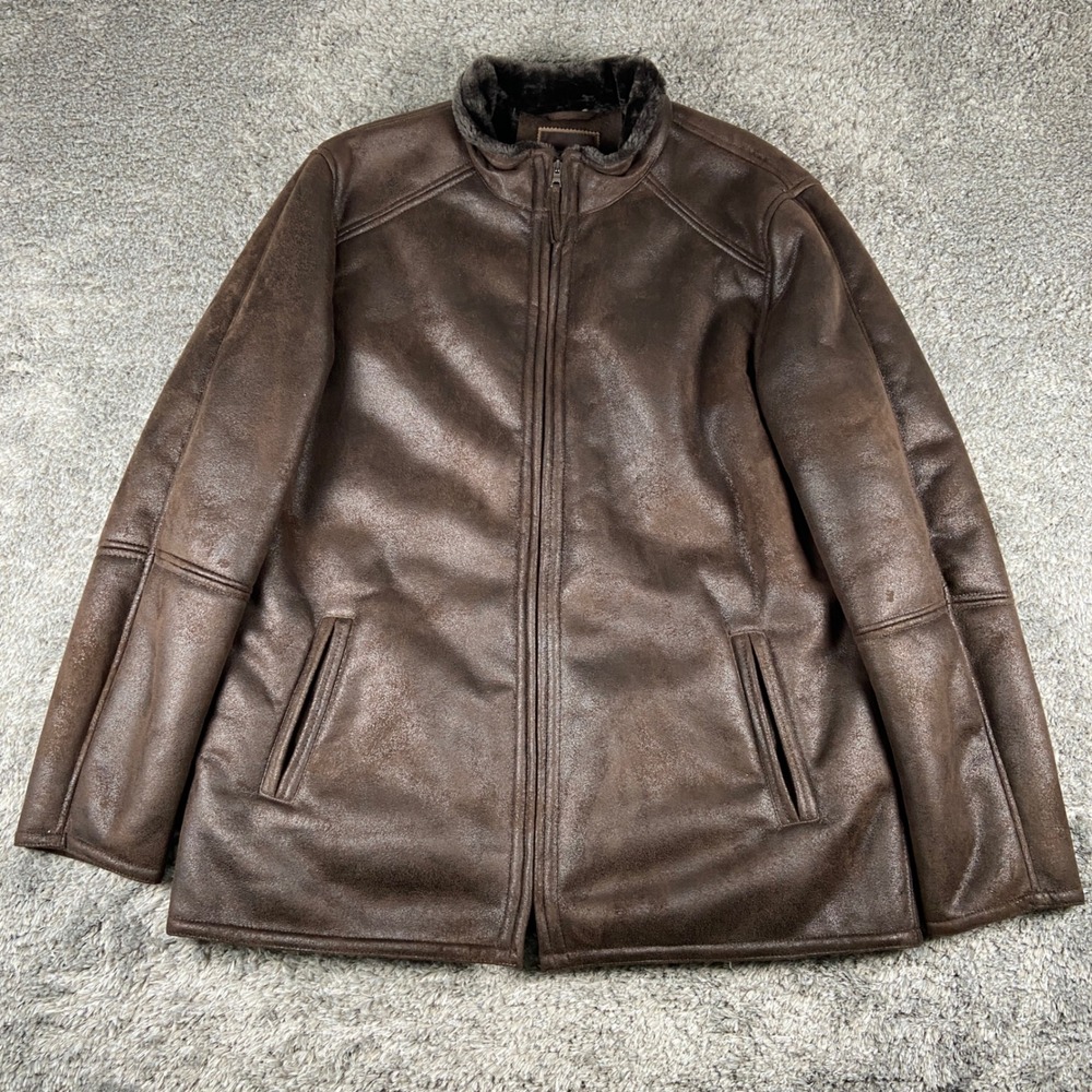 Tasso Elba Lined Full Zip Jacket Mens XL Brown Faux Suede Shearling Coat Bomber‎